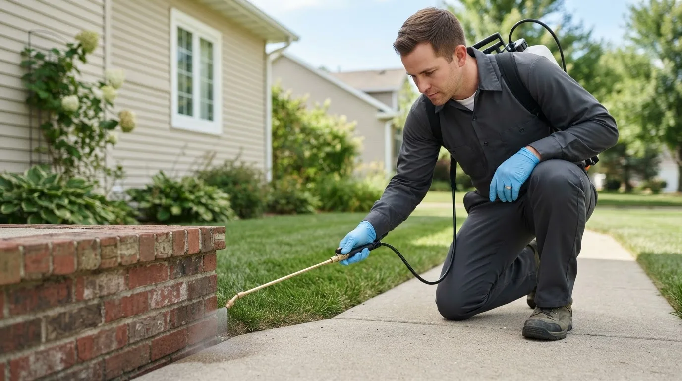 Pest control technician treating a home near Cana, VA
